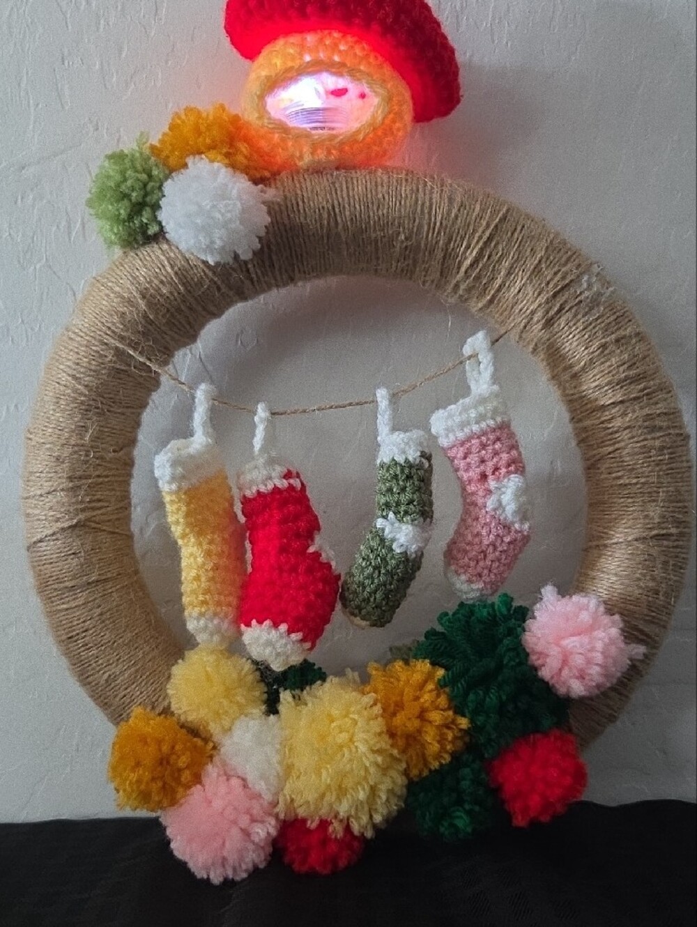 Handcrafted 10in Pom-Pom Wreath with Mini Stockings - Red, Green, Yellow, Pink - Picture 3 of 3
